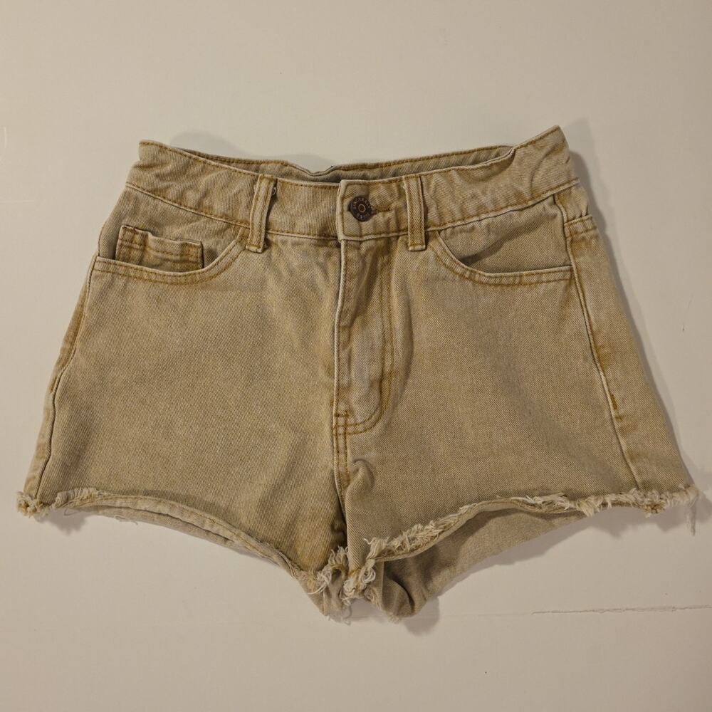 Sincerely Jules 3/25 Tan Shorts Jean Cut-Off 2" Inseam Raw Hem High Rise EUC